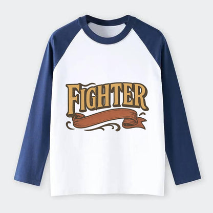 Bold typography design - "FIGHTER" - never giving up, battling on - Raglan Long Sleeve T-Shirt - Blue