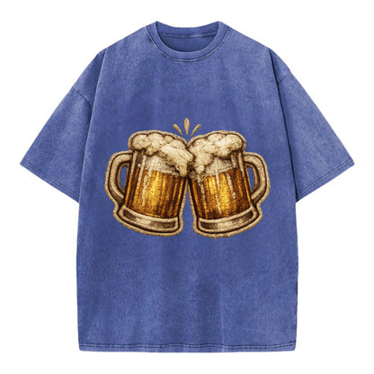 BEER MUG CHEERS - frosty beer stein in gold and amber , brewery - Vintage T-shirt - Blue