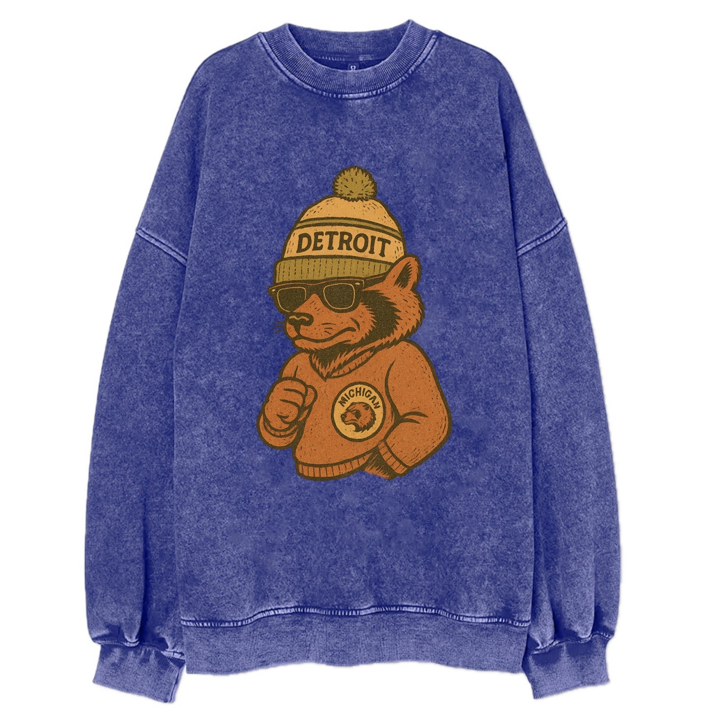 Michigan Wolverine wearing Detroit beanie with pom pom and wayfarer sunglasses - Vintage Sweatshirt - Blue
