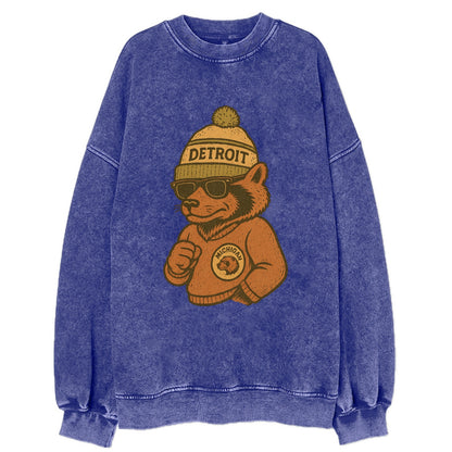 Michigan Wolverine wearing Detroit beanie with pom pom and wayfarer sunglasses - Vintage Sweatshirt - Blue