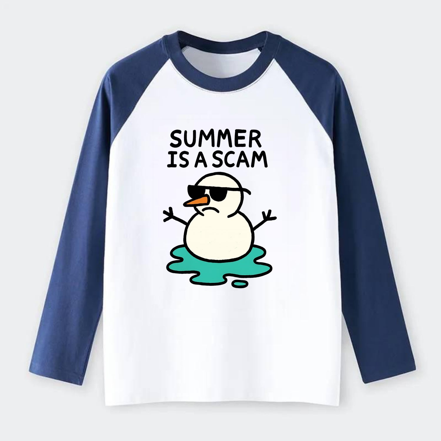 SUMMER IS A SCAM | Melting snowman in sunglasses - Raglan Long Sleeve T-Shirt - Blue