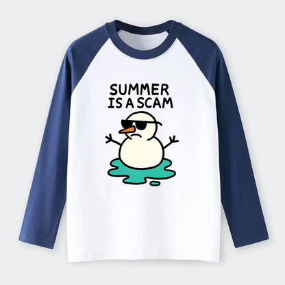 SUMMER IS A SCAM | Melting snowman in sunglasses - Raglan Long Sleeve T-Shirt - Blue