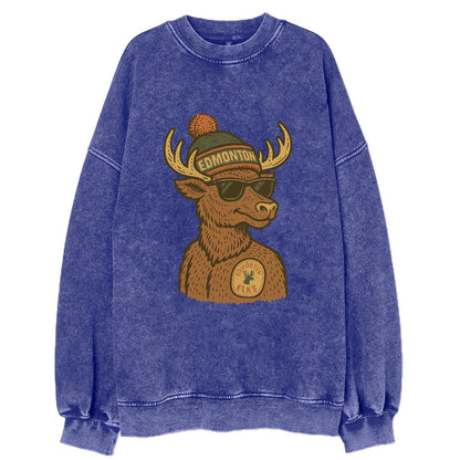 Edmonton Elk wearing Edmonton beanie with pom pom and wayfarer sunglasses - Vintage Sweatshirt - Blue
