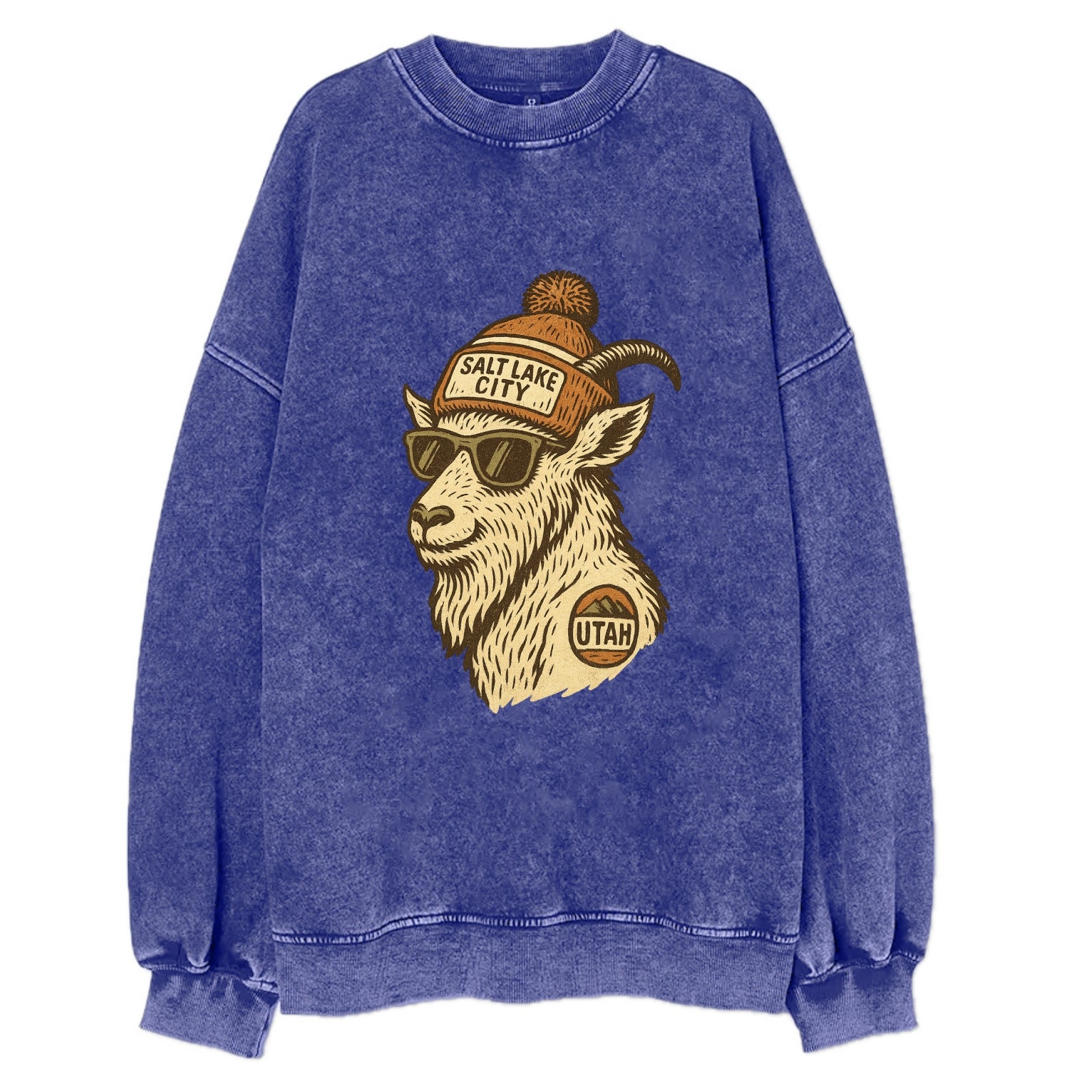 Utah Mountain Goat wearing Salt Lake City beanie with pom pom and wayfarer - Vintage Sweatshirt - Blue