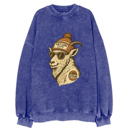 Utah Mountain Goat wearing Salt Lake City beanie with pom pom and wayfarer - Vintage Sweatshirt - Blue