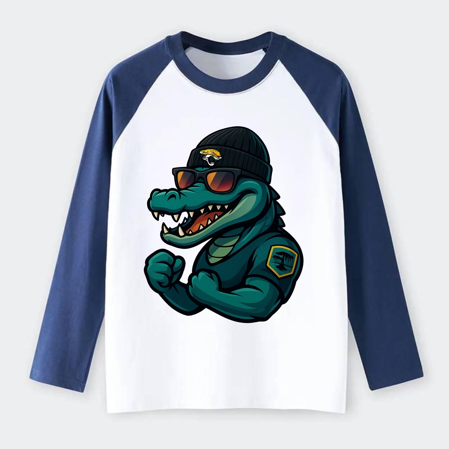 Jacksonville Alligator wearing Jaguars beanie with swamp patch and - Raglan Long Sleeve T-Shirt - Blue