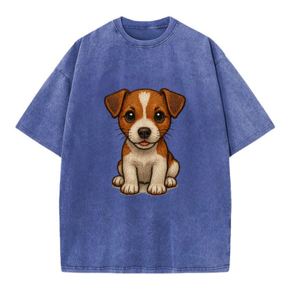 Baby Jack Russell Terrier Puppy - white with markings, alert ears, energetic - Vintage T-shirt - Blue
