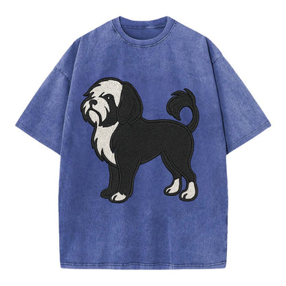 Löwchen - Black and white lion trim embr - Vintage T-shirt - Blue