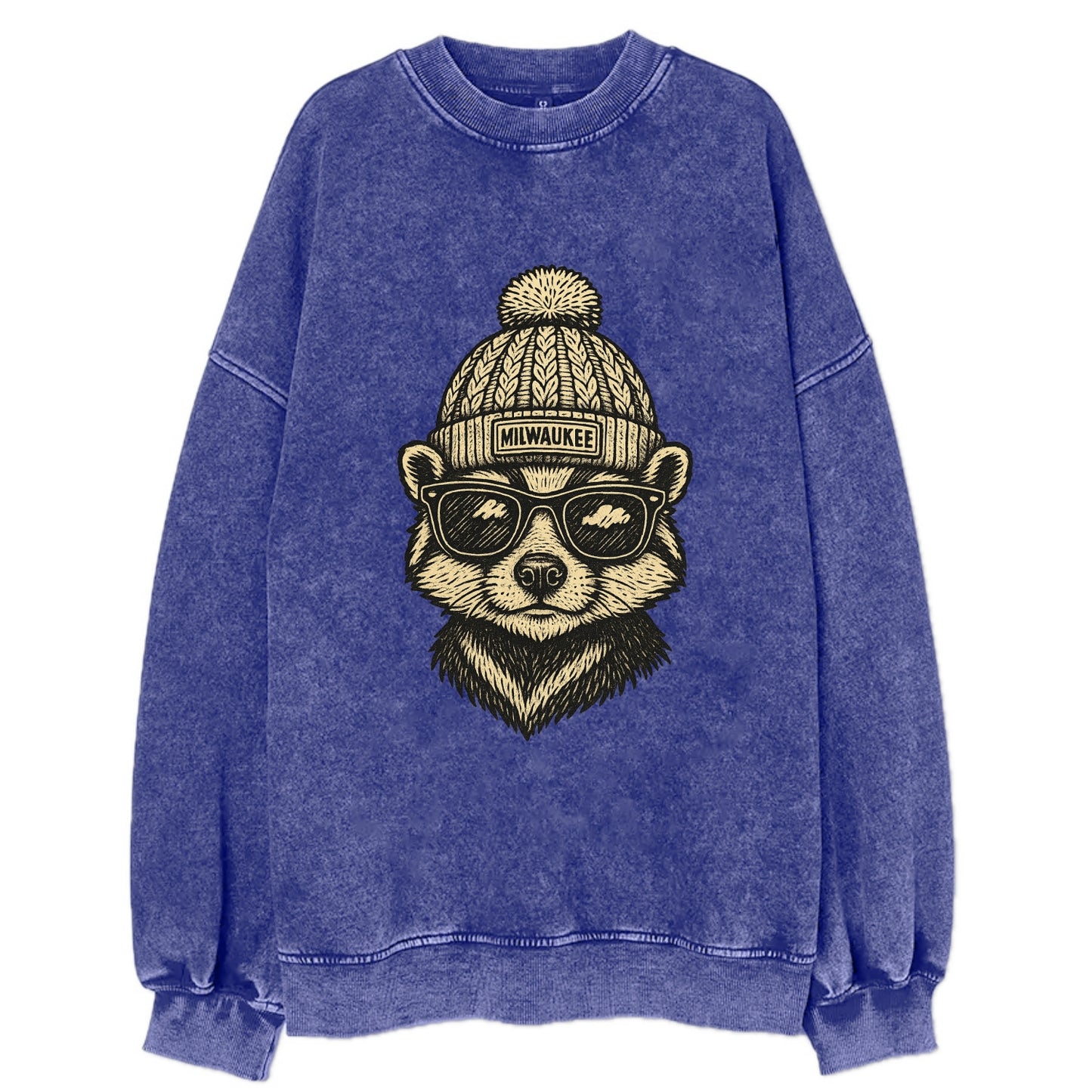 Wisconsin Badger wearing Milwaukee beanie with pom pom and wayfarer sunglasses - Vintage Sweatshirt - Blue