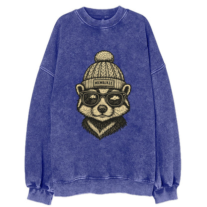 Wisconsin Badger wearing Milwaukee beanie with pom pom and wayfarer sunglasses - Vintage Sweatshirt - Blue