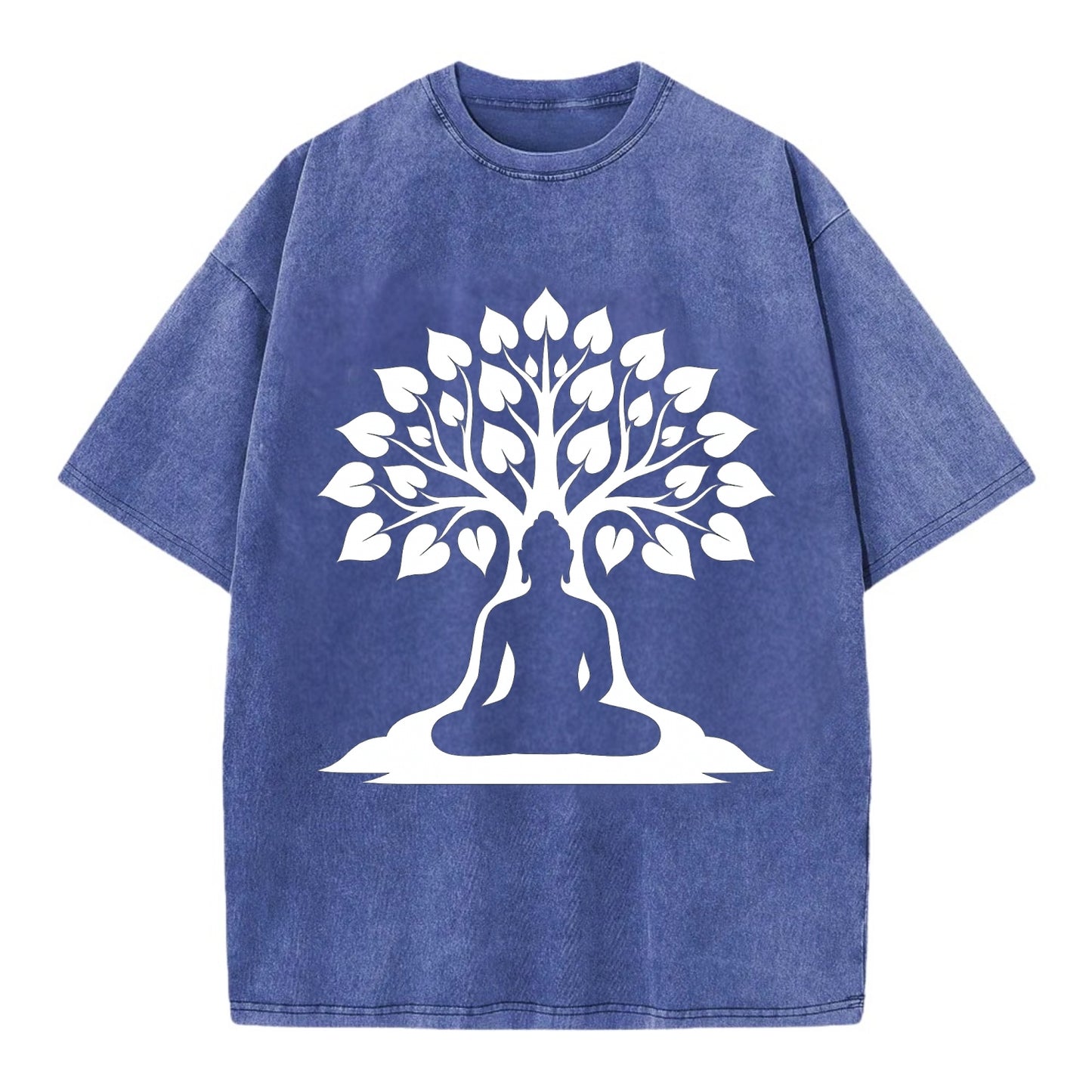 Buddha silhouette meditating - negative space forms bodhi tree - Vintage T-shirt - Blue