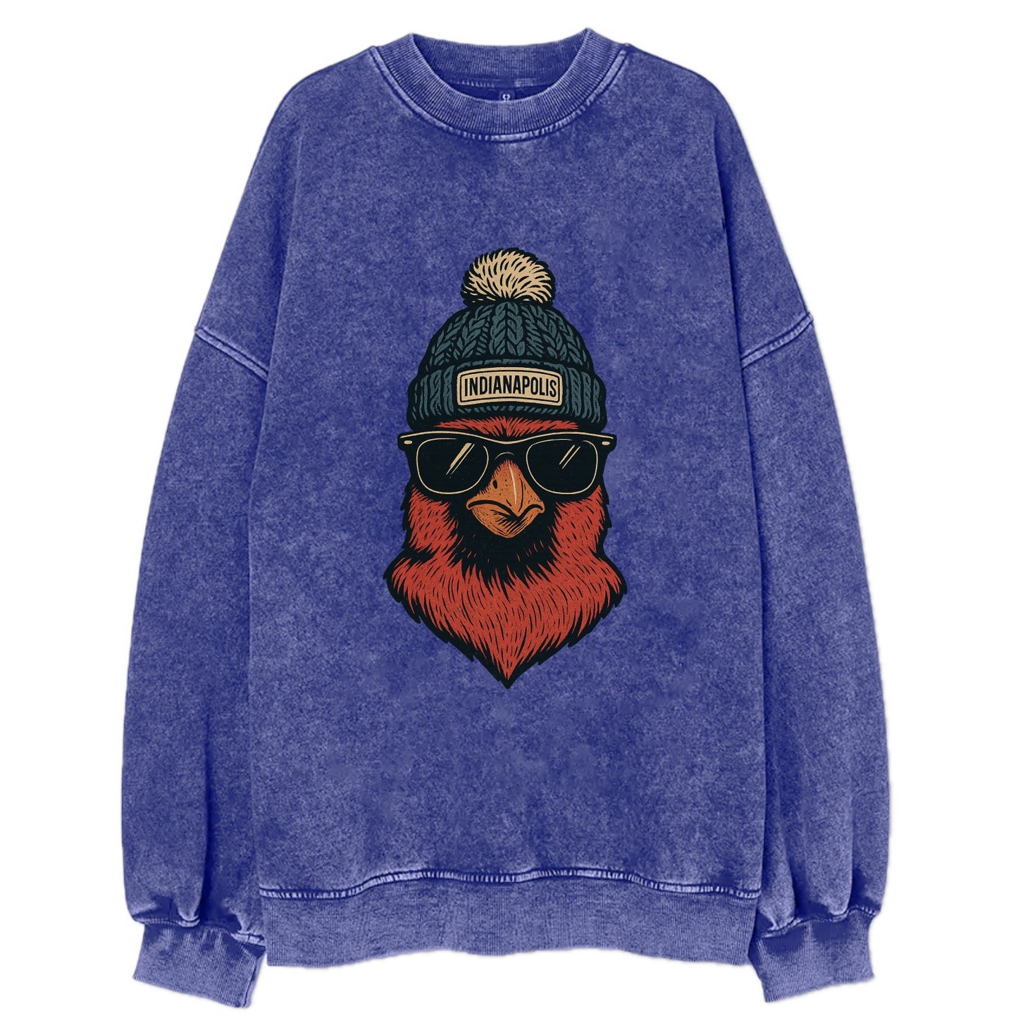 Indiana Cardinal wearing Indianapolis beanie with pom pom and wayfarer - Vintage Sweatshirt - Blue