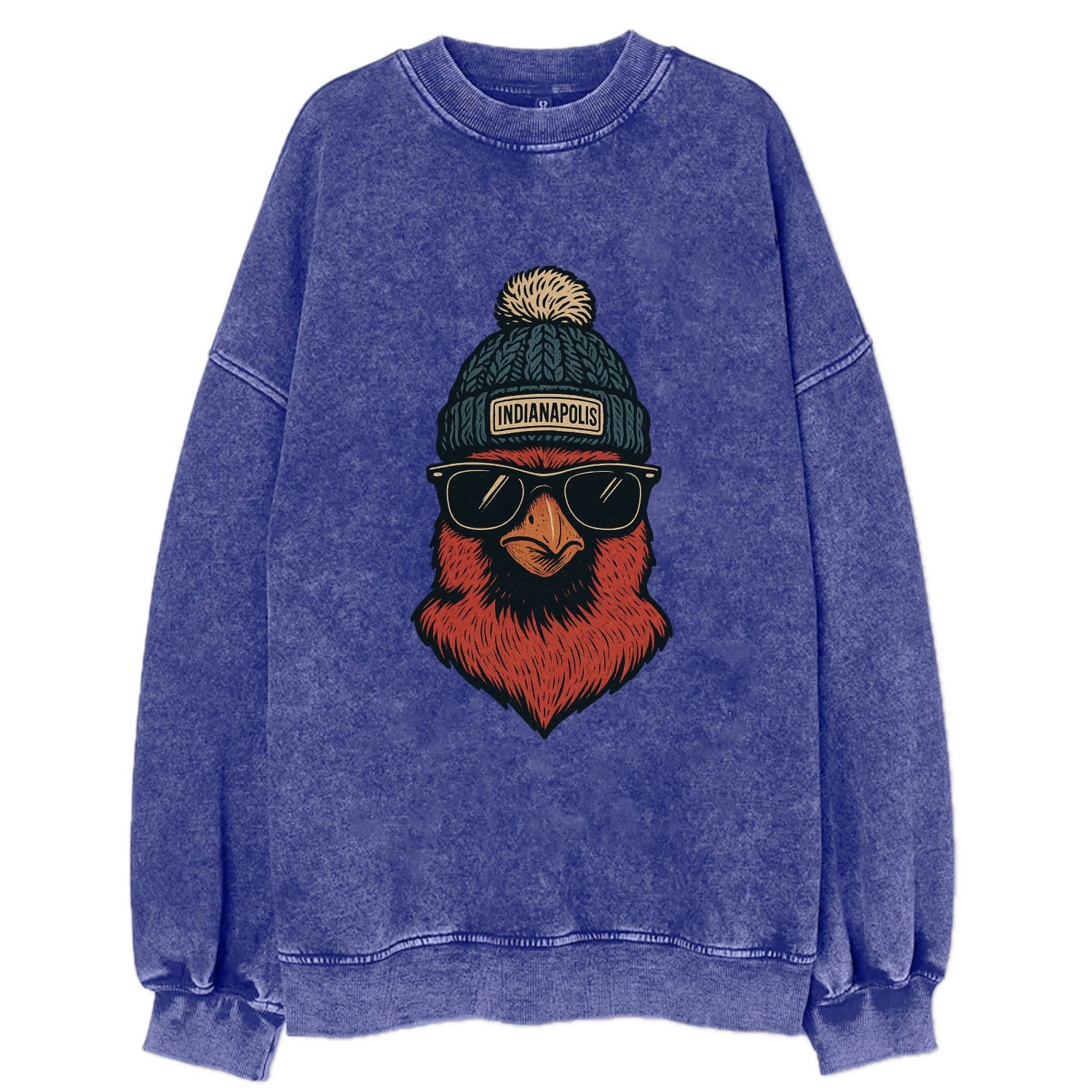 Indiana Cardinal wearing Indianapolis beanie with pom pom and wayfarer - Vintage Sweatshirt - Blue