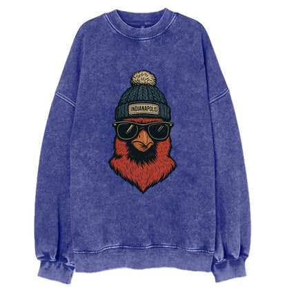 Indiana Cardinal wearing Indianapolis beanie with pom pom and wayfarer - Vintage Sweatshirt - Blue