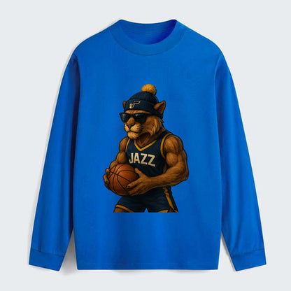 Utah Mountain Lion wearing Jazz navy and yellow beanie with music note - Classic Long Sleeve Shirt - Blue
