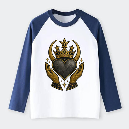 Celtic knot crown with woven strands merging into copper hands - Raglan Long Sleeve T-Shirt - Blue