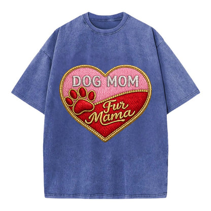 DOG MOM HEART - heart with paw print in pink and red , fur mama - Vintage T-shirt - Blue