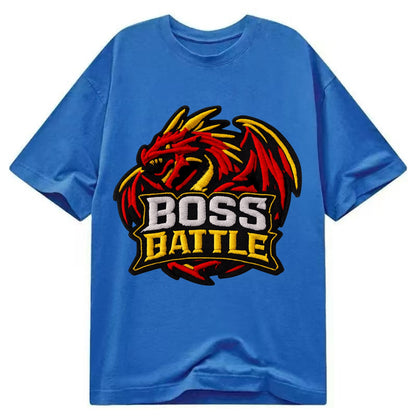 BOSS BATTLE - dragon silhouette in red and gold , raid - Classic T-shirt - Blue