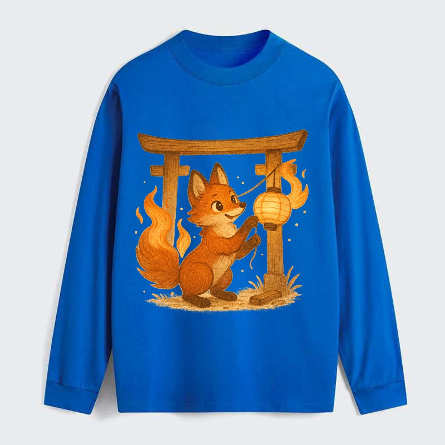 Foxfire kitsune stringing lanterns along a torii gate with tails of - Classic Long Sleeve Shirt - Blue