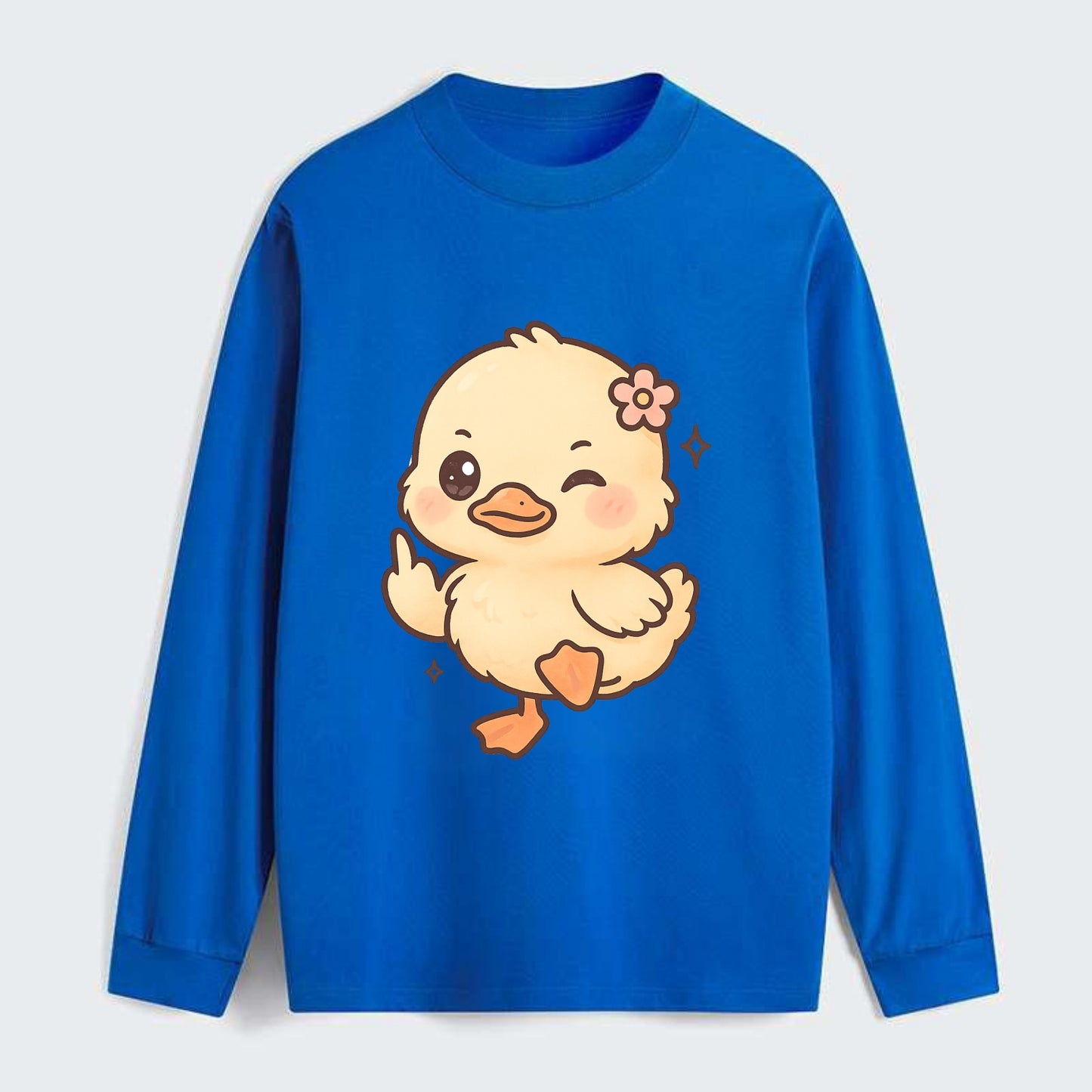 fluffy baby duck with small flower, one webbed foot raised sassily - Classic Long Sleeve Shirt - Blue