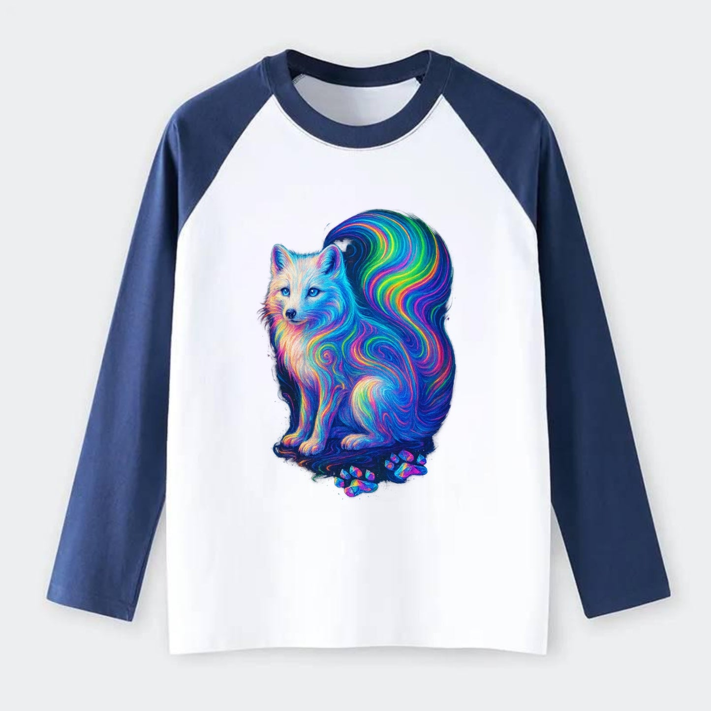 Graceful arctic fox with tail streaming aurora colors, white fur with - Raglan Long Sleeve T-Shirt - Blue