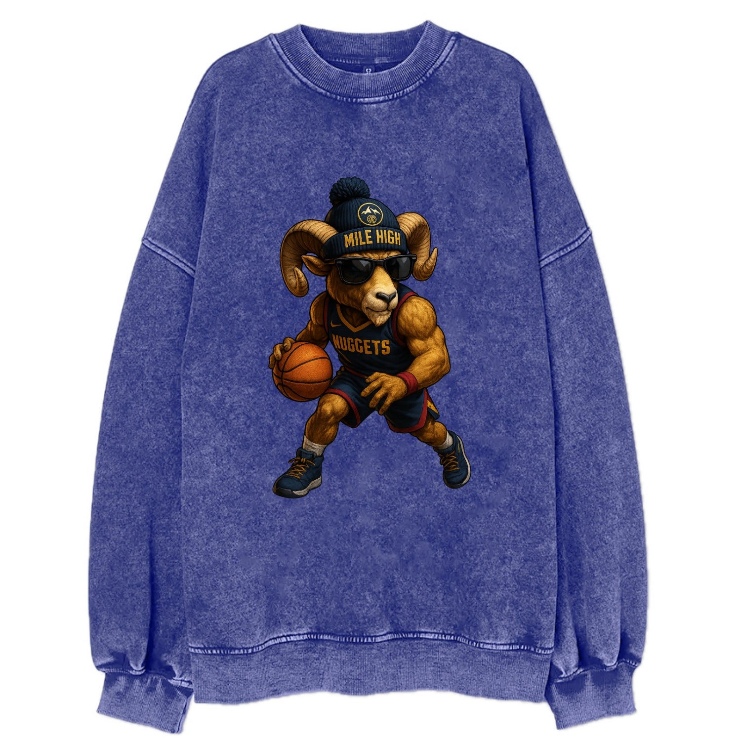 Mile High Bighorn wearing Nuggets beanie with mountain patch and wayfarer - Vintage Sweatshirt - Blue