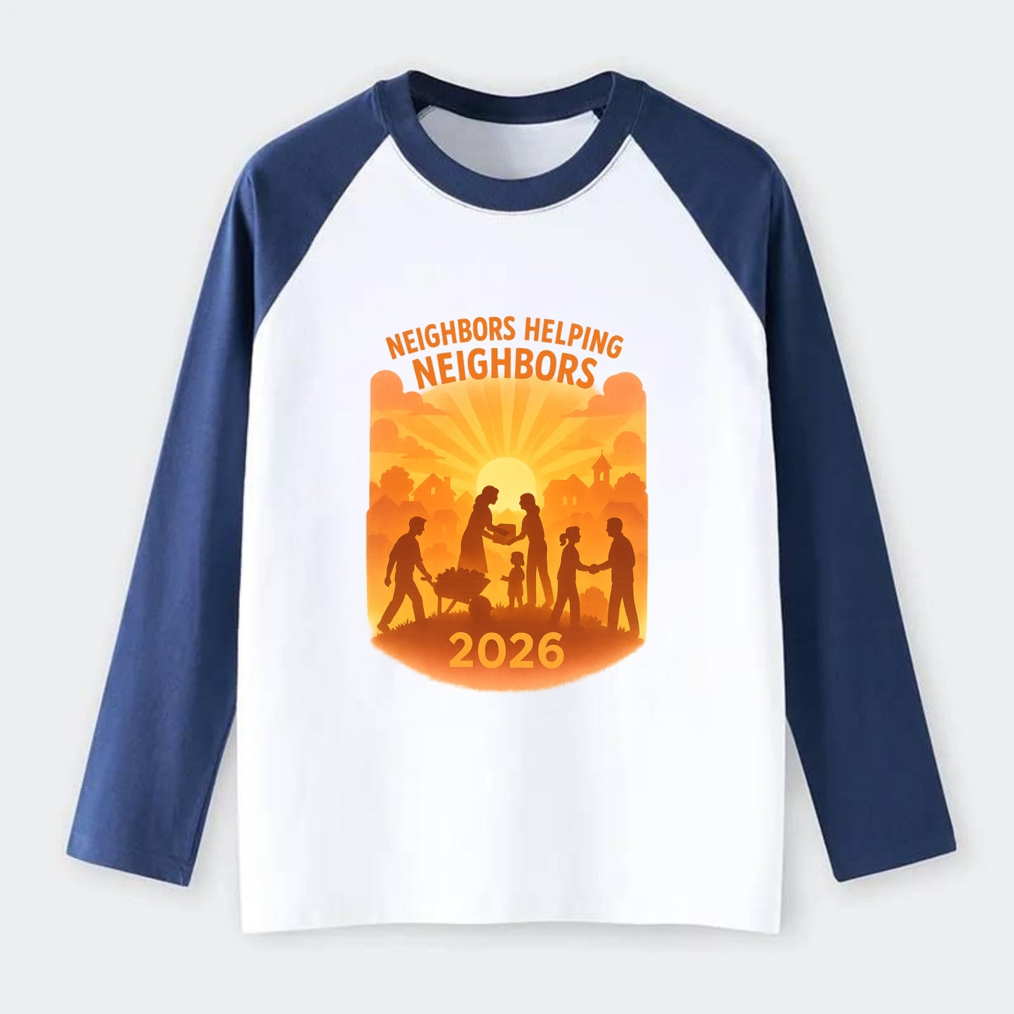 Local communities thriving with shared resources - "Neighbors Helping - Raglan Long Sleeve T-Shirt - Blue