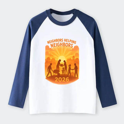 Local communities thriving with shared resources - "Neighbors Helping - Raglan Long Sleeve T-Shirt - Blue