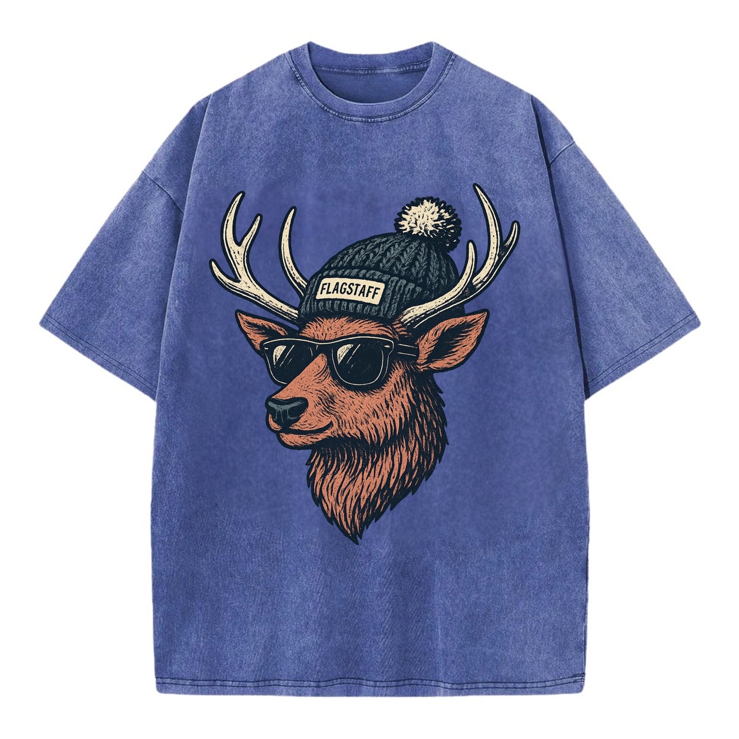 Flagstaff Elk wearing Flagstaff beanie with pom pom and wayfarer sunglasses - Vintage T-shirt - Blue