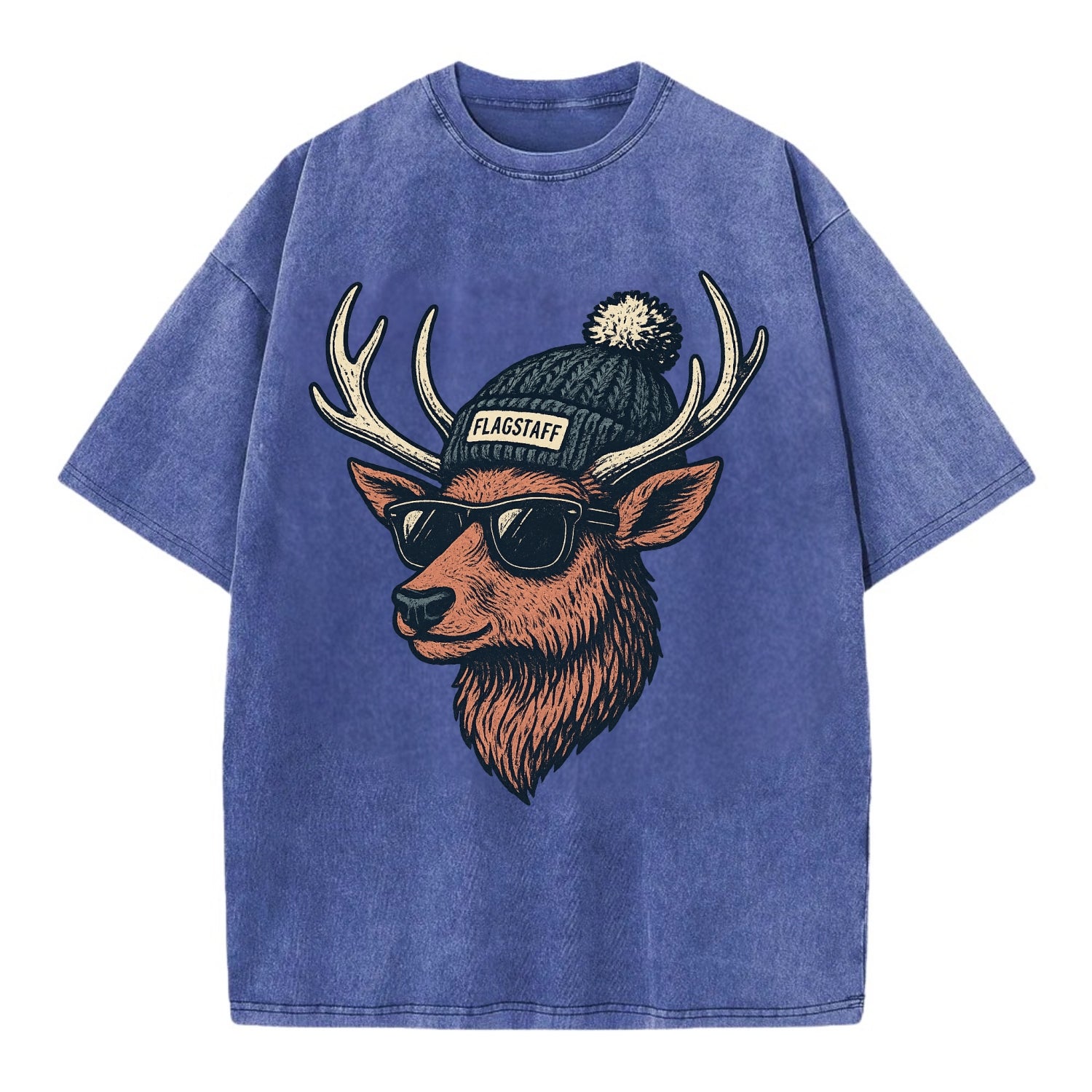 Flagstaff Elk wearing Flagstaff beanie with pom pom and wayfarer sunglasses - Vintage T-shirt - Blue