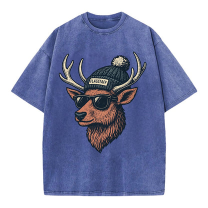 Flagstaff Elk wearing Flagstaff beanie with pom pom and wayfarer sunglasses - Vintage T-shirt - Blue