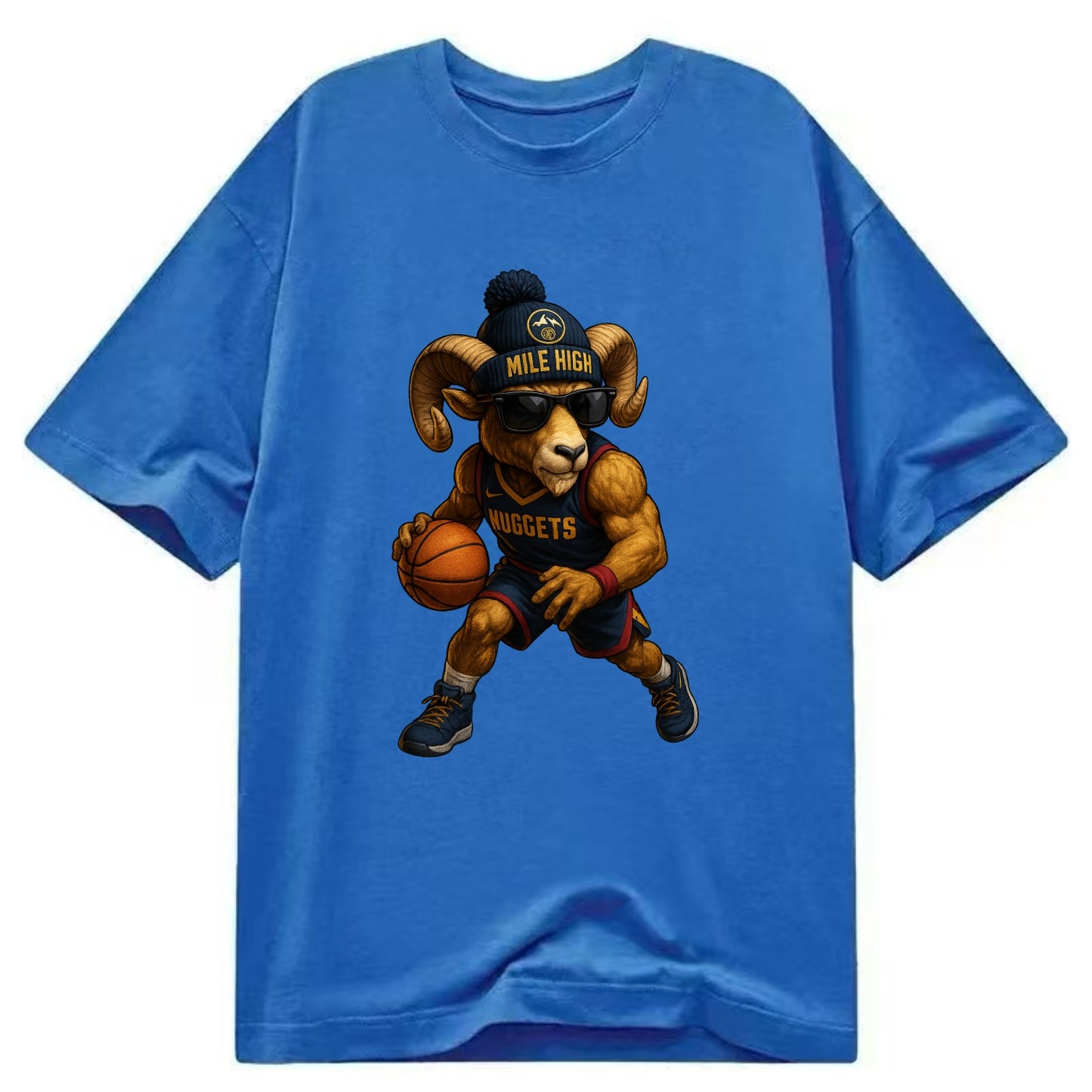 Mile High Bighorn wearing Nuggets beanie with mountain patch and wayfarer - Classic T-shirt - Blue