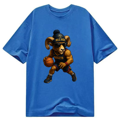 Mile High Bighorn wearing Nuggets beanie with mountain patch and wayfarer - Classic T-shirt - Blue