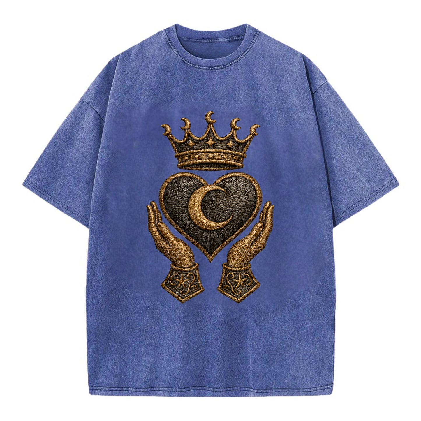 Moonlit crescent crown cradling a hematite heart with stargazer hands cupped - Vintage T-shirt - Blue