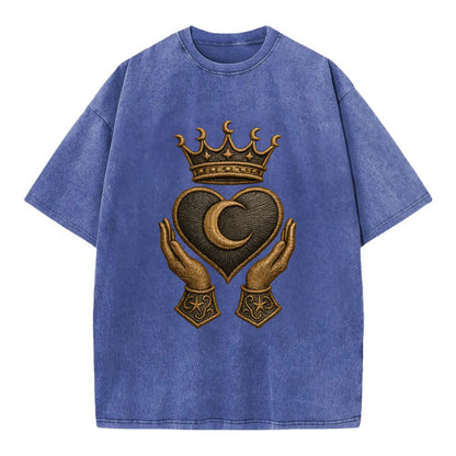 Moonlit crescent crown cradling a hematite heart with stargazer hands cupped - Vintage T-shirt - Blue