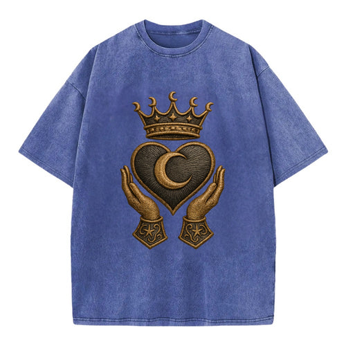 Moonlit crescent crown cradling a hematite heart with stargazer hands cupped - Vintage T-shirt