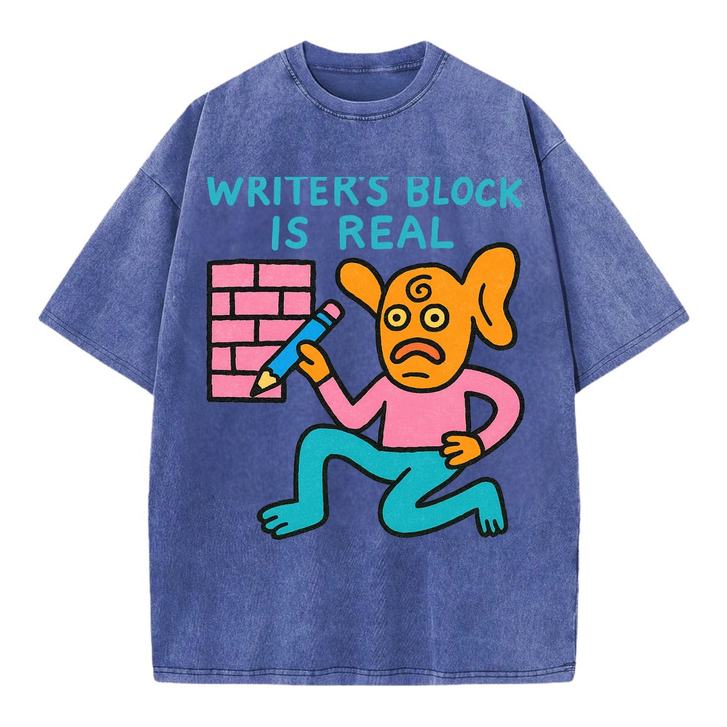 WRITERS BLOCK IS REAL | Brick wall with pencil - Vintage T-shirt - Blue