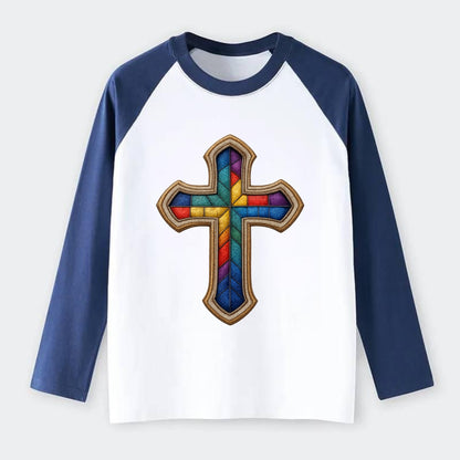 Stained Glass Cross  - Raglan Long Sleeve T-Shirt - Blue