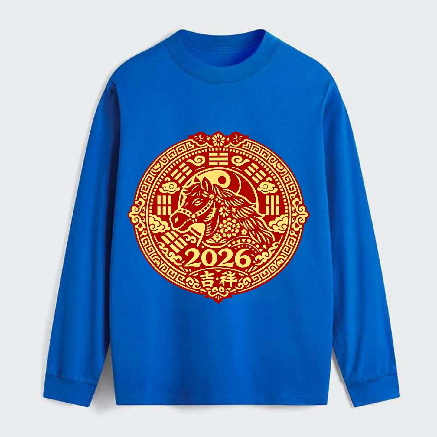 LUCKY HORSE MEDALLION | Circular medallion with horse profile | - Classic Long Sleeve Shirt - Blue
