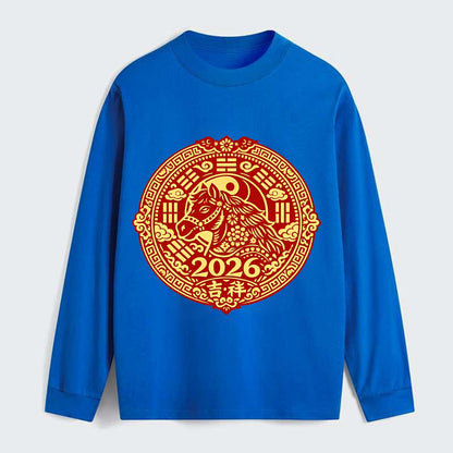 LUCKY HORSE MEDALLION | Circular medallion with horse profile | - Classic Long Sleeve Shirt - Blue