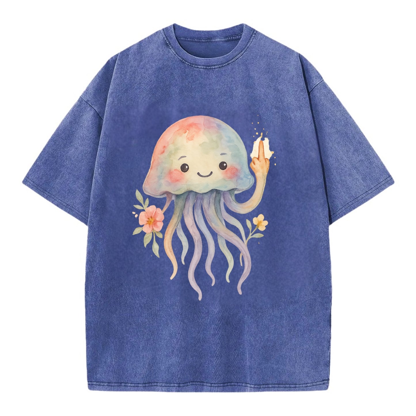 jellyfish with kawaii face and tentacles, one tentacle pointing up defiantly - Vintage T-shirt - Blue