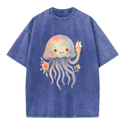 jellyfish with kawaii face and tentacles, one tentacle pointing up defiantly - Vintage T-shirt - Blue