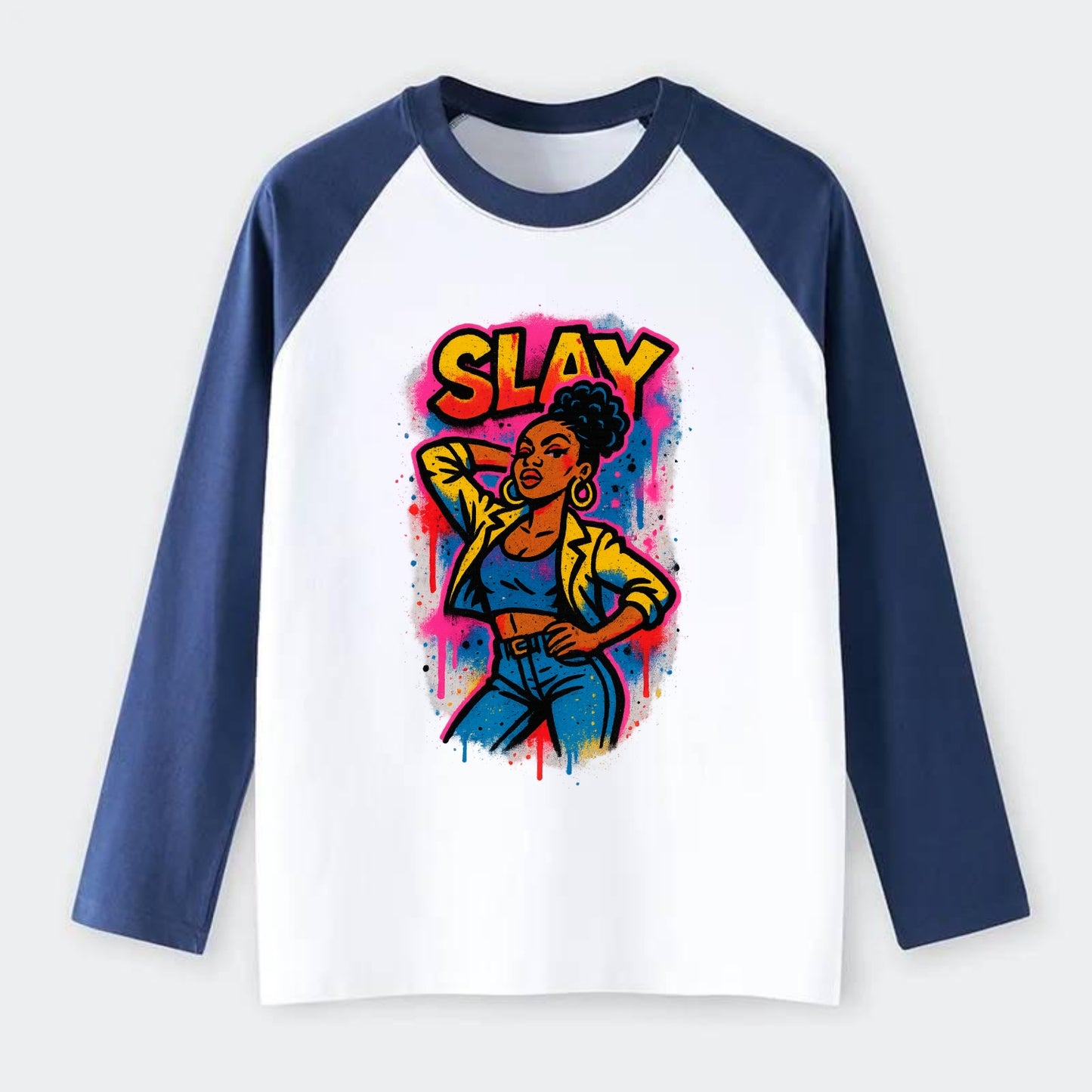 Empowered figure striking confident pose - "slay" culture, fierce and - Raglan Long Sleeve T-Shirt - Blue