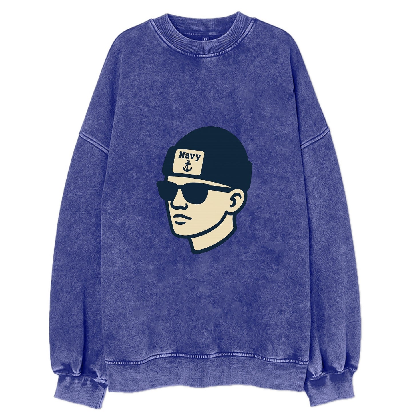 Annapolis Midshipman wearing Navy beanie with anchor patch - Vintage Sweatshirt - Blue