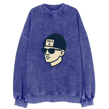 Annapolis Midshipman wearing Navy beanie with anchor patch - Vintage Sweatshirt - Blue