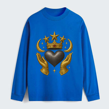 Sun goddess crown radiating golden rays over a midnight heart with - Classic Long Sleeve Shirt - Blue
