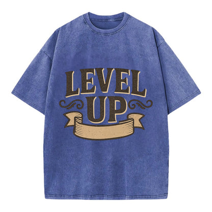 Bold typography design - "LEVEL UP" - improving, advancing, growing - Vintage T-shirt - Blue