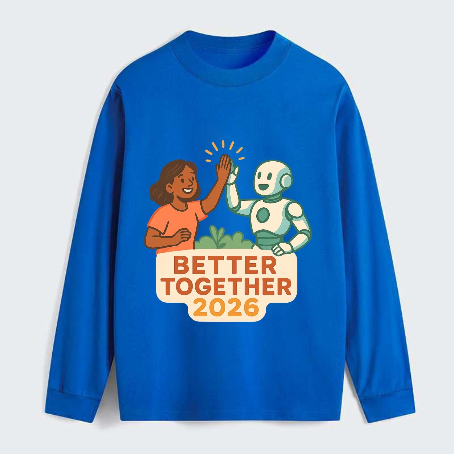 Human and AI robot high-fiving as collaborative partners - "Better - Classic Long Sleeve Shirt - Blue