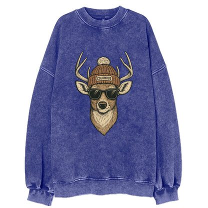 Ohio White-tailed Deer wearing Columbus beanie with pom pom and wayfarer - Vintage Sweatshirt - Blue