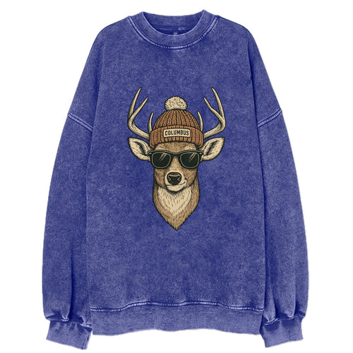 Ohio White-tailed Deer wearing Columbus beanie with pom pom and wayfarer - Vintage Sweatshirt